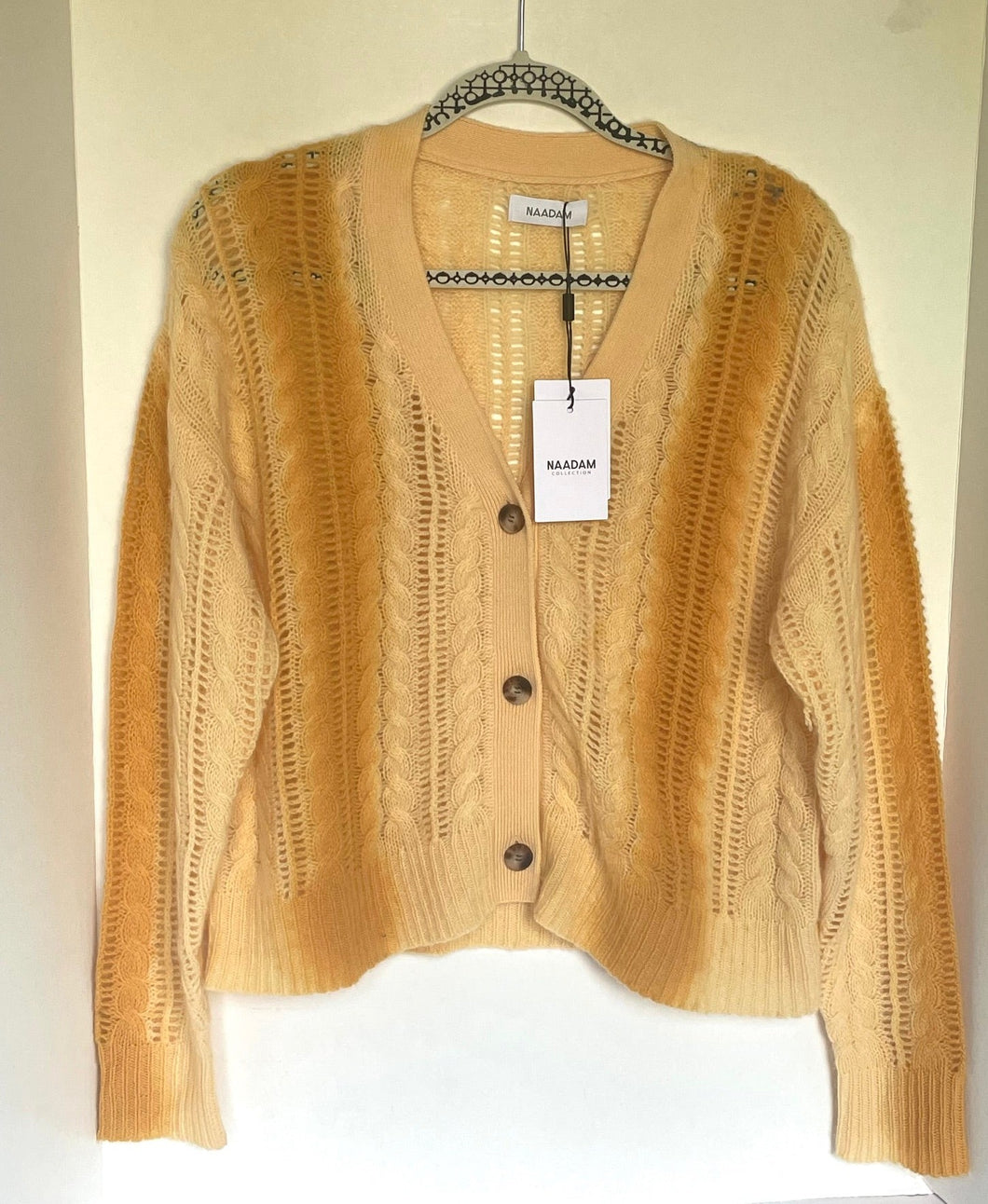 Naadam Cashmere Cardigan Large Yellow Lofty Cable Knit Yellow V-Neck Ombre