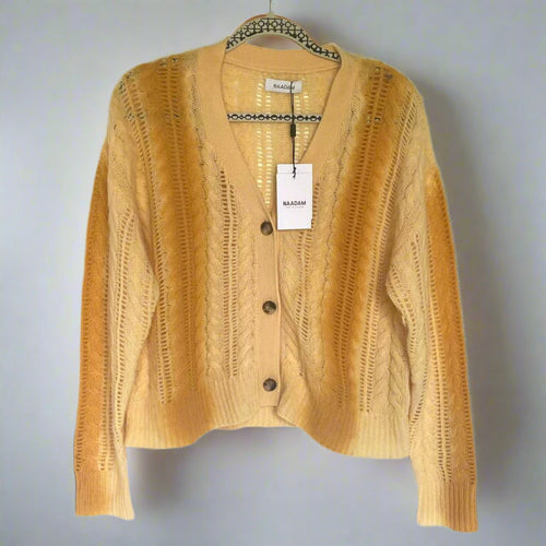 Naadam Lofty Cable Knit Cashmere Cardigan Large Yellow Yellow V-Neck Ombre