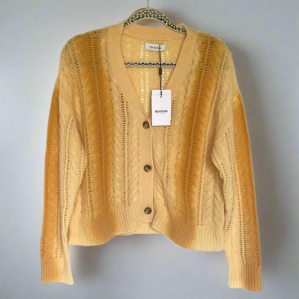 Naadam Lofty Cable Knit Cashmere Cardigan Large Yellow Yellow V-Neck Ombre