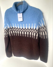 Load image into Gallery viewer, Blue and brown sweater with a patterned design on a white background