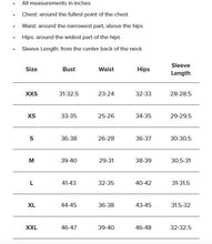 Load image into Gallery viewer, Measurement chart for clothing sizes with dimensions in inches.