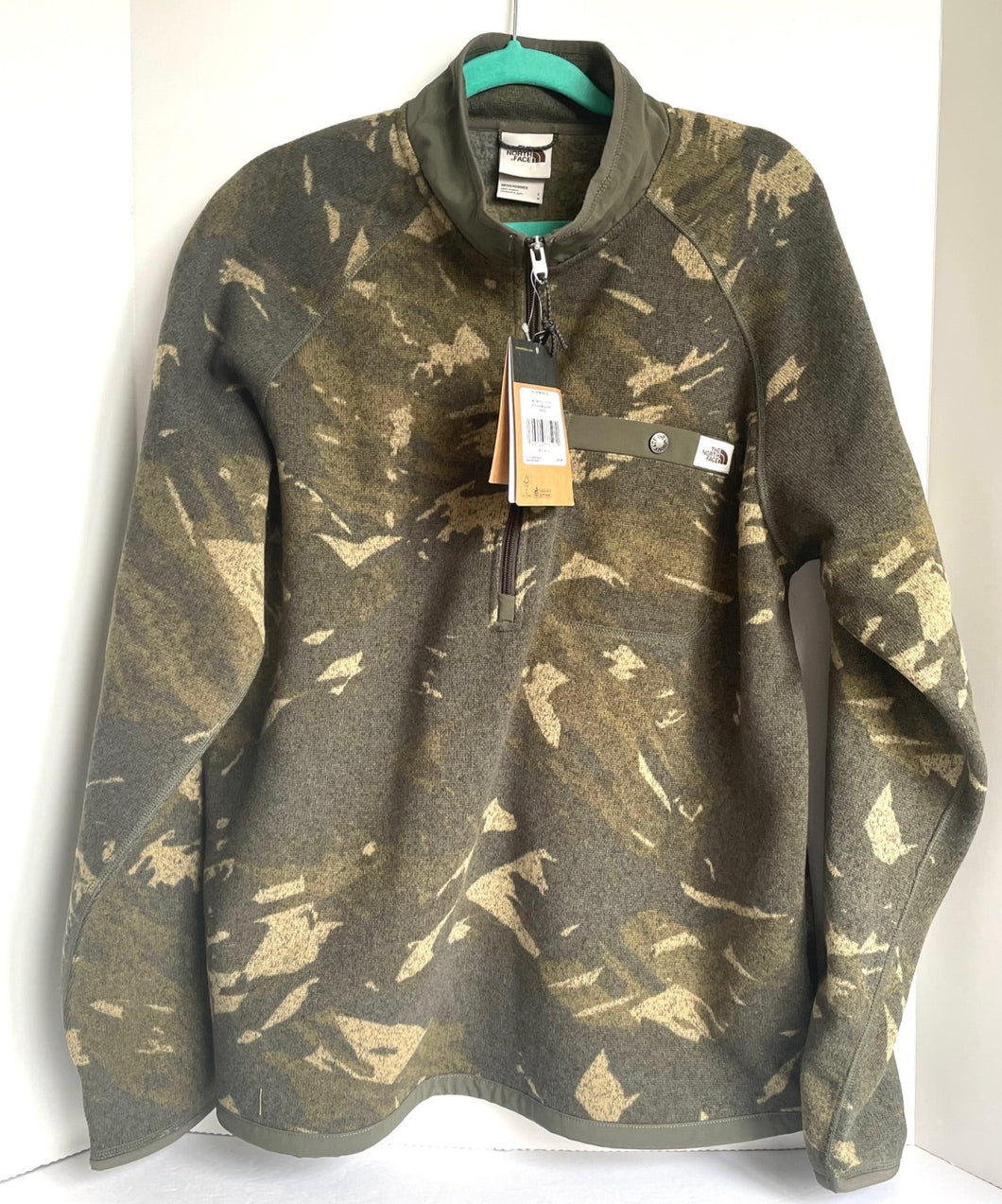 North Face Sweater Mens Large Quarter Zip Pullover Fleece Green Camo Funnel Neck