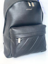 Load image into Gallery viewer, Black leather backpack with 'Off-White' branding on a white background