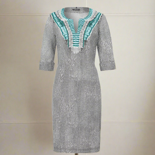 Olsen Dress Womens 12 Blue V-Neck Shift Three Quarter Sleeve Animal Print Linen