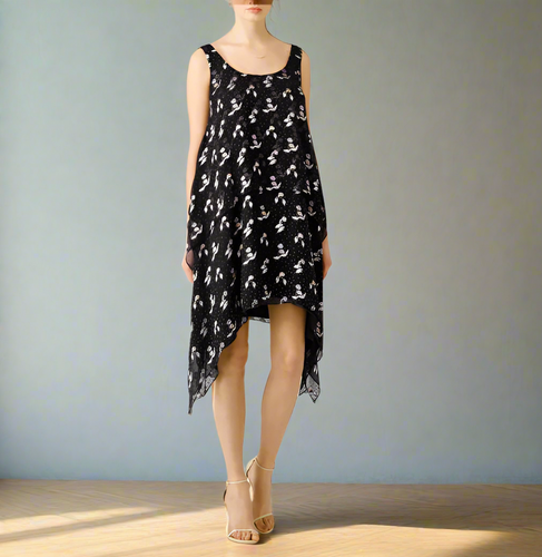 Opening Ceremony Silk Shift Dress 10 Black Sleeveless Floral Burnout Asymmetric