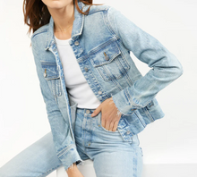 Load image into Gallery viewer, Outerknown Cara Denim Jacket Womens Blue Faded Raw Hem Fitted Organic