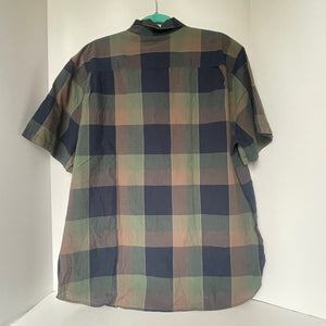 Plaid shirt on a hanger against a white background