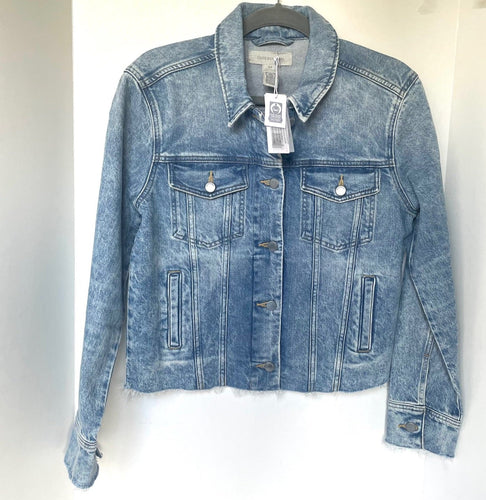 Outerknown Cara Denim Jacket Womens Blue Faded Raw Hem Fitted Organic