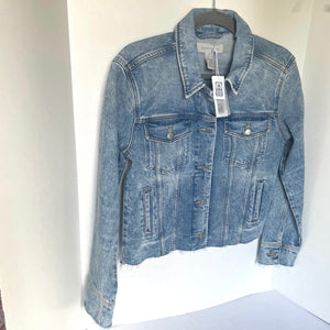 Outerknown Cara Denim Jacket Womens Blue Faded Raw Hem Fitted Organic