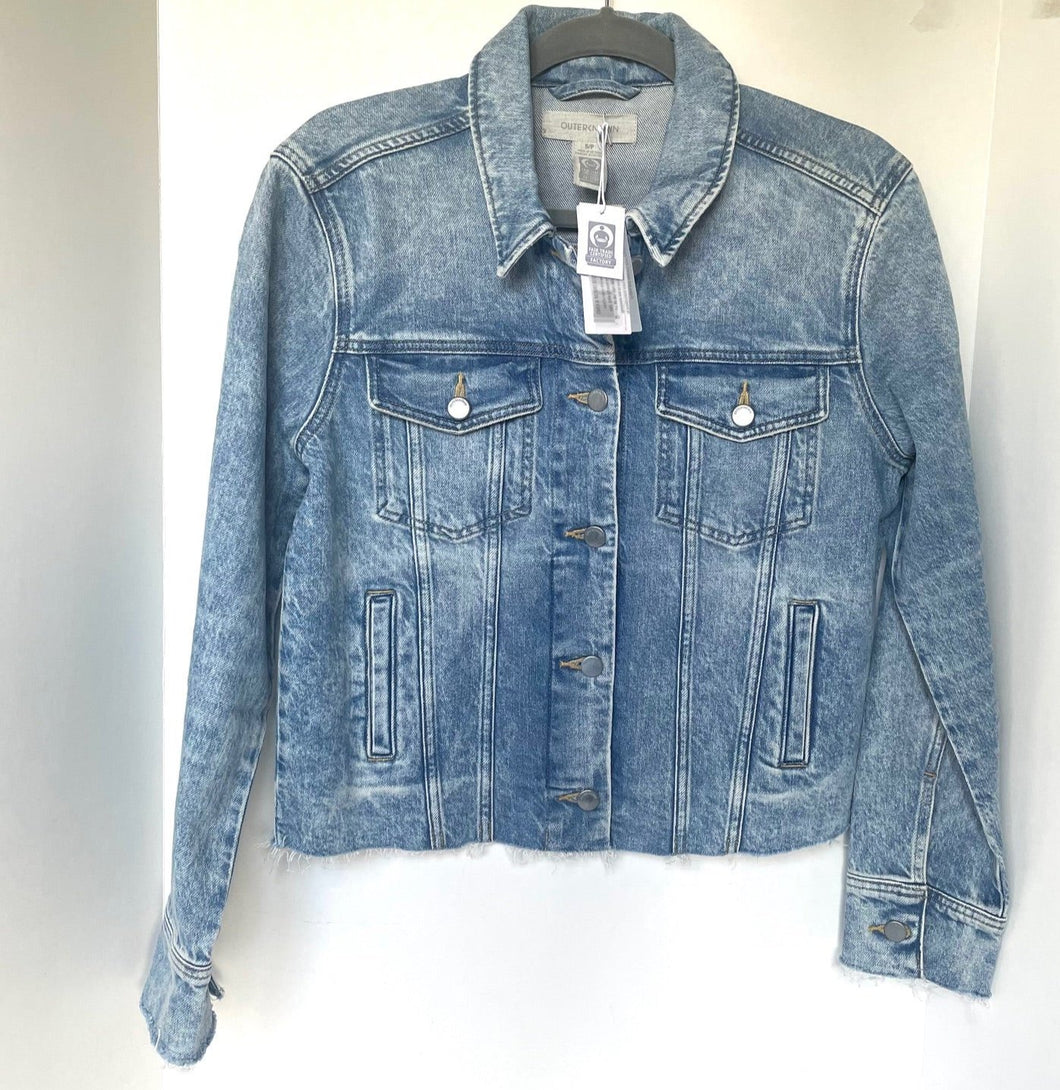 Outerknown Cara Denim Jacket Womens Blue Faded Raw Hem Fitted Organic
