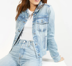 Outerknown Cara Denim Jacket Womens Blue Faded Raw Hem Fitted Organic