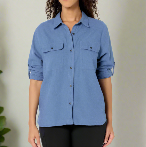 Outerknown Scout Flannel Shirt Womens Large Blue Organic Cotton Rolltab
