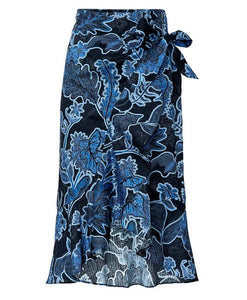 Parker Wrap Skirt Womens 8 Blue Midi  Floral Asymmetric Cotton Drew Ruffle