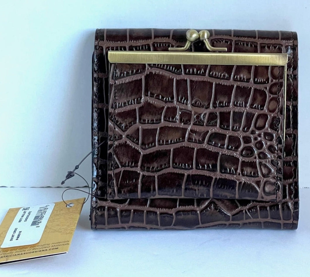 Patricia Nash Wallet Womens RFID Bifold ID Reiti Croc Embossed Brown Leather