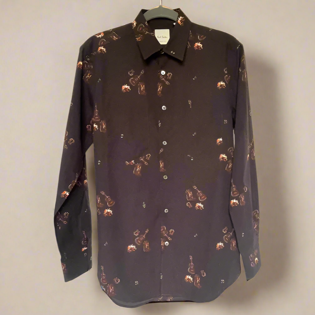 Paul Smith Dress Shirt Mens Small Brown Long Sleeve Button-Down Guitar Folk Cotton