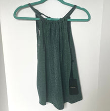 Load image into Gallery viewer, Green tank top on a hanger with a visible brand tag against a white background