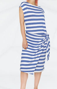 Polo Ralph Lauren Linen Midi Wrap Dress Medium Blue Short Sleeve Stripe Ties