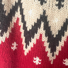 Load image into Gallery viewer, Close-up of a knitted fabric with red, black, and beige diamond pattern.