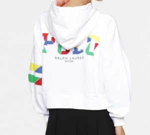 Polo Ralph Lauren Hoodie Sweatshirt Womens Medium White Crop Rainbow Logo