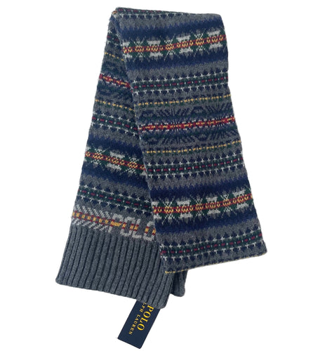 Knitted scarf with a pattern and Polo Ralph Lauren tag on a white background