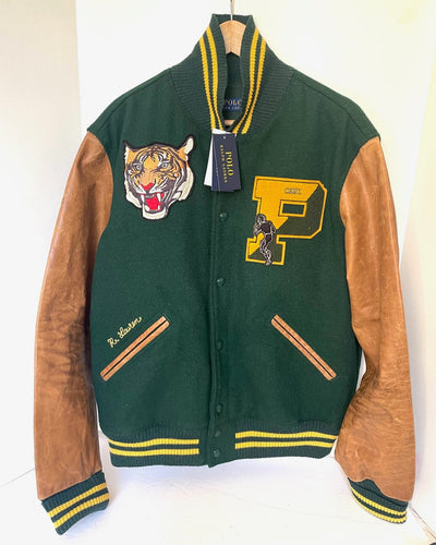 Polo Ralph Lauren Mens Varsity Jacket Leather Wool Letterman Tiger Logo Green