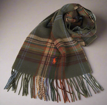 Load image into Gallery viewer, Polo Ralph Lauren Polo Plaid Wool Scarf Olive Green Long Fringed Winter