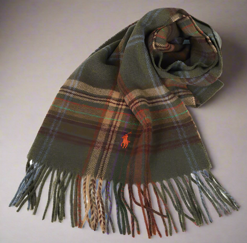 Polo Ralph Lauren Polo Plaid Wool Scarf Olive Green Long Fringed Winter