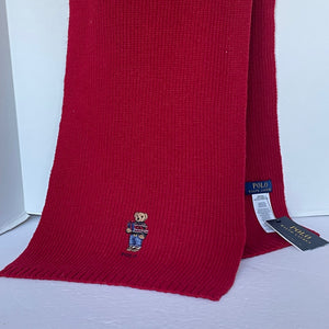 Polo Ralph Lauren Polo Wool Blend Scarf Red Bear Motif Long Ribbed Winter