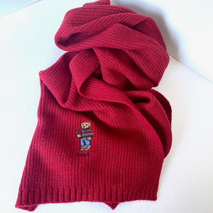 Polo Ralph Lauren Polo Wool Blend Scarf Red Bear Motif Long Ribbed Winter