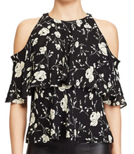 Load image into Gallery viewer, Polo Ralph Lauren Silk Shirt Womens 10 Black Cold-Shoulder Floral Ruffle Blouse Top
