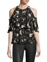 Load image into Gallery viewer, Polo Ralph Lauren Silk Shirt Womens 10 Black Cold-Shoulder Floral Ruffle Blouse Top