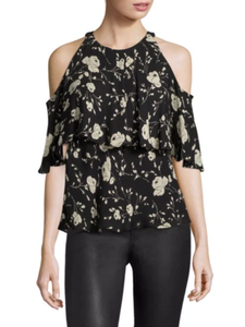 Polo Ralph Lauren Silk Shirt Womens 10 Black Cold-Shoulder Floral Ruffle Blouse Top