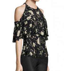 Polo Ralph Lauren Silk Shirt Womens 10 Black Cold-Shoulder Floral Ruffle Blouse Top