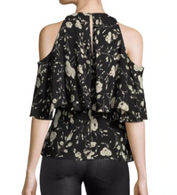 Load image into Gallery viewer, Polo Ralph Lauren Silk Shirt Womens 10 Black Cold-Shoulder Floral Ruffle Blouse Top