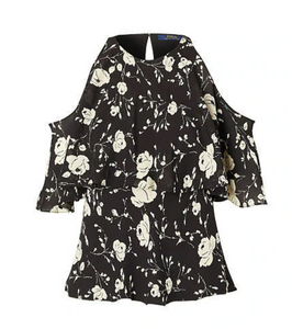 Polo Ralph Lauren Silk Shirt Womens 10 Black Cold-Shoulder Floral Ruffle Blouse Top