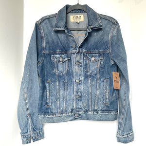 Polo Ralph Lauren Mens Trucker Jacket Small Paint Splatter Denim Blue Classic
