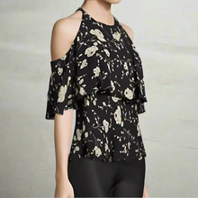 Load image into Gallery viewer, Polo Ralph Lauren Silk Shirt Womens 10 Black Cold-Shoulder Floral Ruffle Blouse Top
