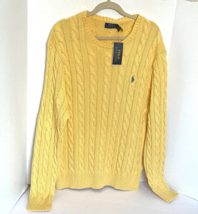 Polo Ralph Lauren Sweater Cable Cotton Crew Knit Mens XL Yellow Knit Pony