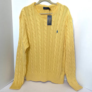 Polo Ralph Lauren Sweater Cable Cotton Crew Knit Mens XL Yellow Knit Pony