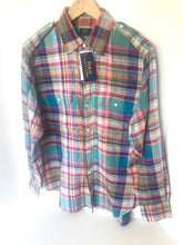 Load image into Gallery viewer, Plaid shirt on a hanger with a visible brand tag against a white background