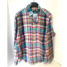 Load image into Gallery viewer, Plaid shirt on a hanger with a white background