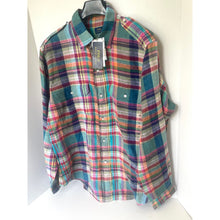 Load image into Gallery viewer, Multicolored plaid shirt on a mannequin with a visible tag against a white background