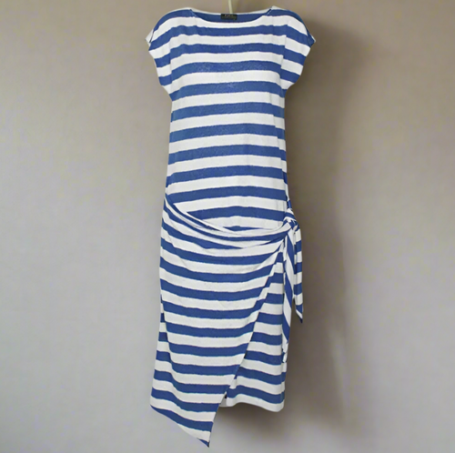 Blue and white striped dress on a white background