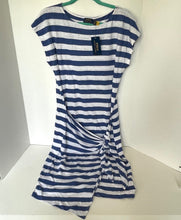 Load image into Gallery viewer, Blue and white striped dress on a hanger against a white background