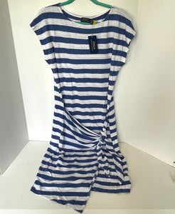 Blue and white striped dress on a hanger against a white background