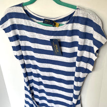 Load image into Gallery viewer, Polo Ralph Lauren Linen Midi Wrap Dress Medium Blue Short Sleeve Stripe Ties