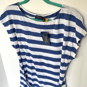 Polo Ralph Lauren Linen Midi Wrap Dress Medium Blue Short Sleeve Stripe Ties
