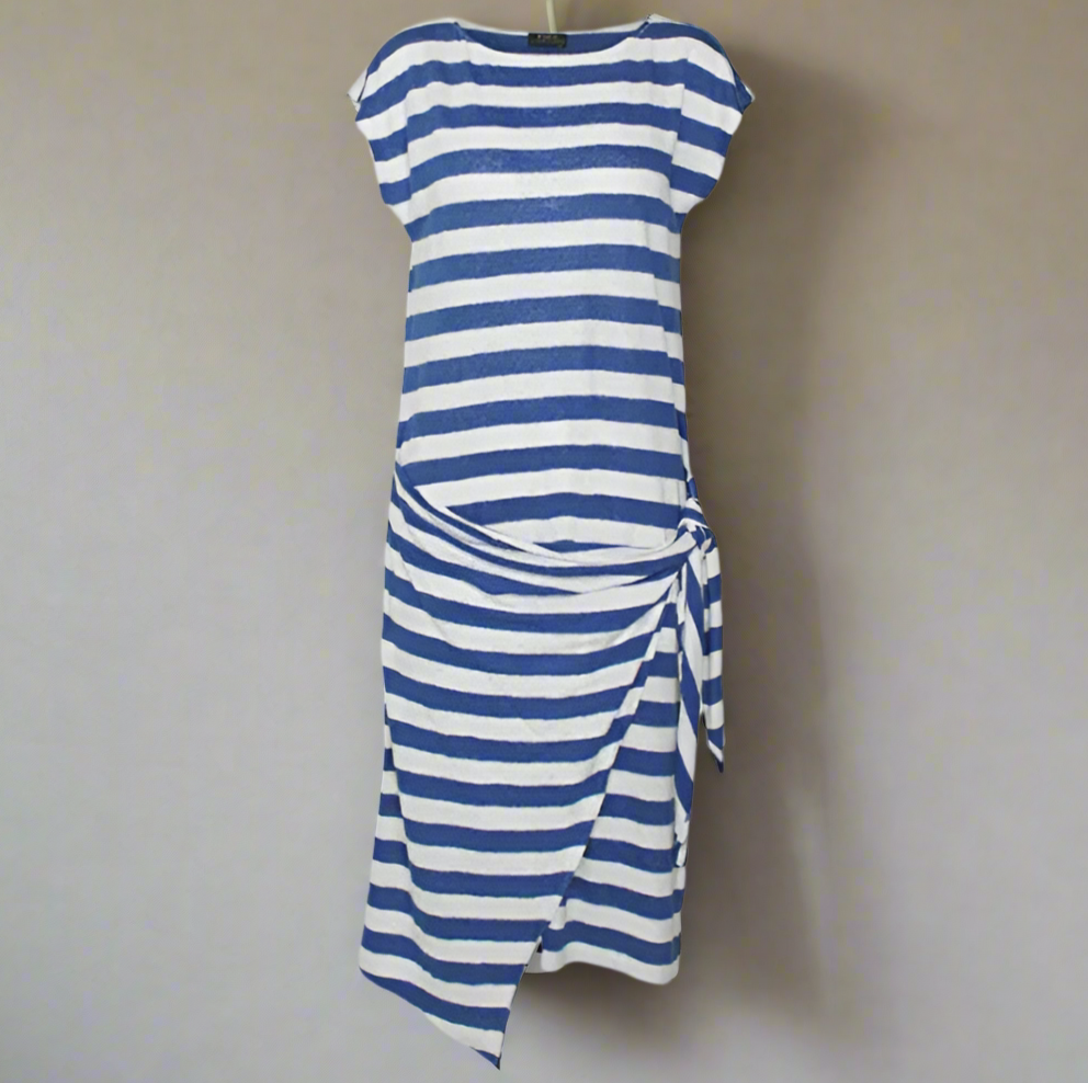 Blue and white striped dress on a white background