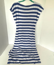 Load image into Gallery viewer, Blue and white striped dress on a hanger against a white background