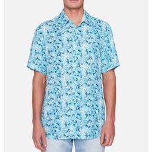 Load image into Gallery viewer, Projek Raw Linen Button Up Shirt Mens L Blue Tropical Short Sleeve